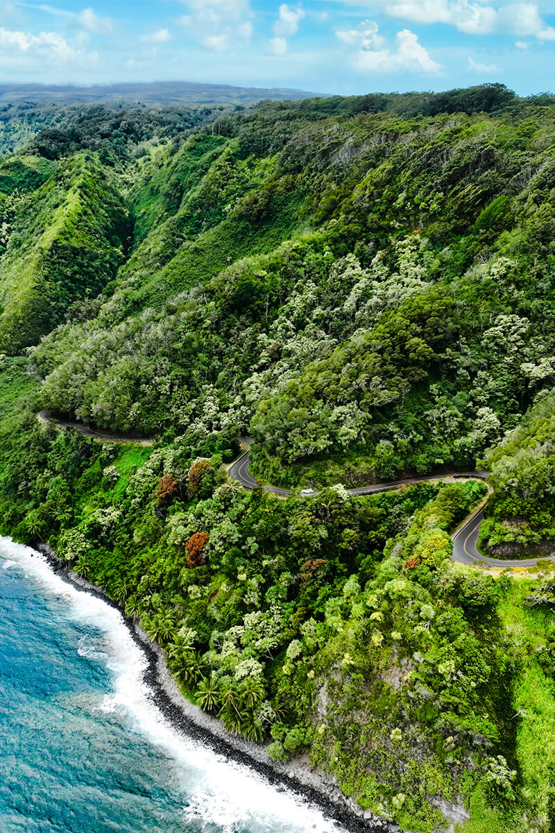aerial view of lush green mountains with blue ocean below